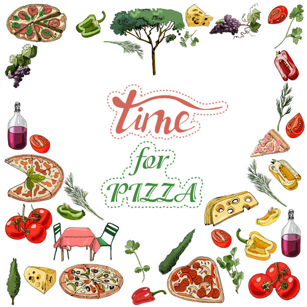 由倒心意大利菜、蔬菜和植物组成。手绘墨水和彩色元素孤立在白色背景。图片下载