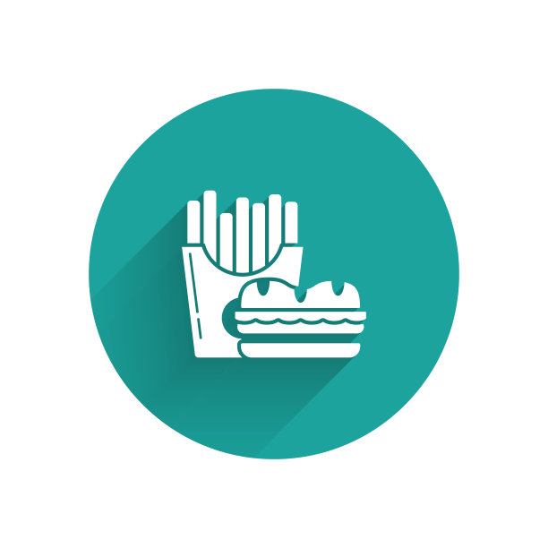 白汉堡和炸薯条在纸盒包装盒图标孤立与长影子。汉堡，汉堡，芝士汉堡三明治。快餐菜单。绿色圆圈按钮。矢量图图片下载