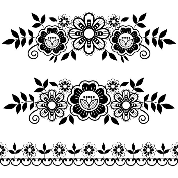 蕾丝单一模式收集，装饰图案与玫瑰，花和漩涡，详细的蕾丝主题在黑色和白色图片下载