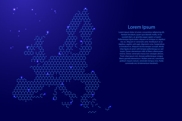 欧盟地图的未来六边形形状，线，蓝色点和发光的星星节点，蜂房或分子结构形式的旗帜，海报，贺卡。矢量插图。图片下载