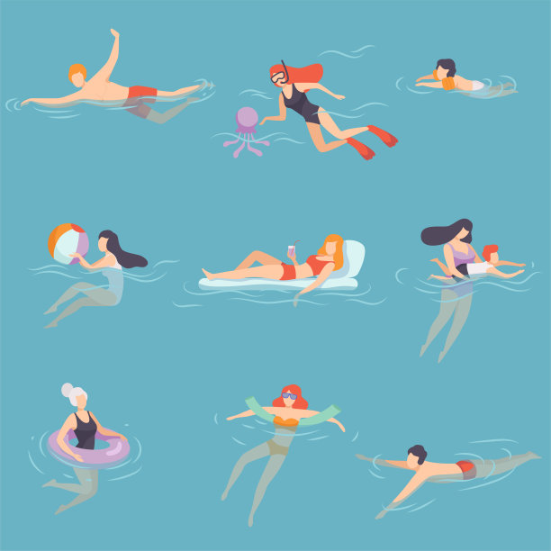 人们放松在大海，海洋或游泳池在假期设置，夏季户外活动矢量插图图片下载