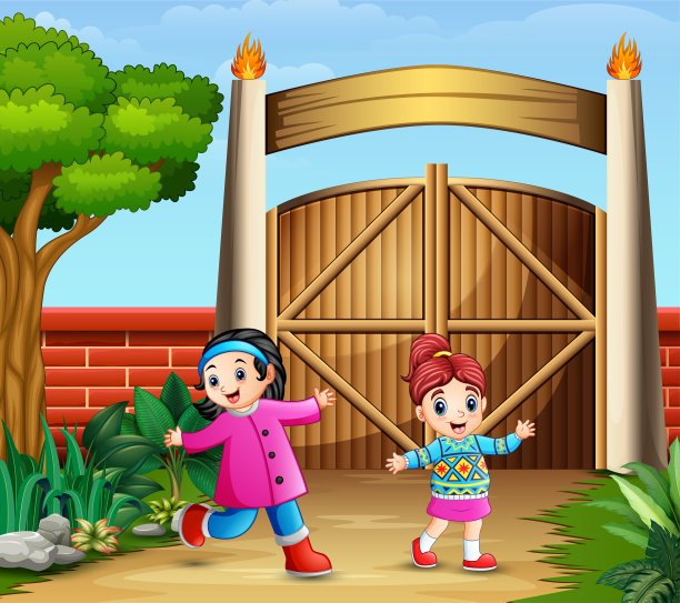 年轻的女孩在大门里面玩耍图片下载