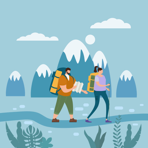 游客情侣相爱的户外旅游活动-冒险旅行，徒步旅行，旅游运动和娱乐背包或露营野外自然徒步旅行。山的风景。一对游客、背包客或朋友一起旅行。平图片下载