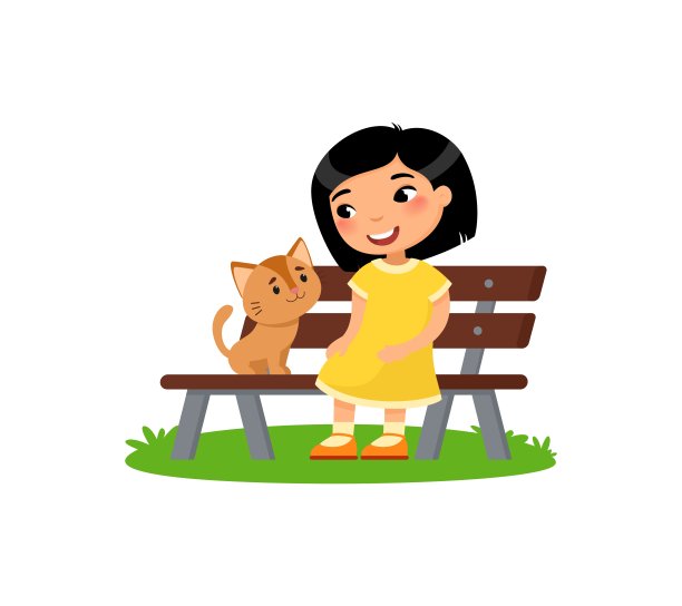 可爱的亚洲小女孩和小猫坐在长凳上。图片下载
