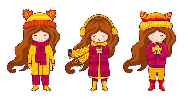 一组深色头发的女孩，穿着秋天的外套，戴着带耳朵和围巾的帽子。图片下载