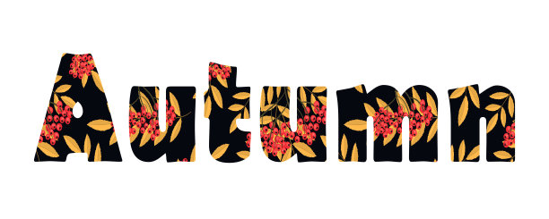 秋天的文字与树叶和花楸浆果图片下载