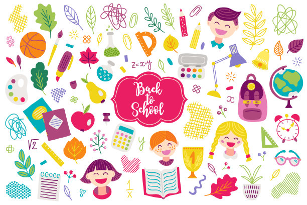 学校设计元素-球，树叶，涂鸦，男孩，女孩，笔记本，浆果图片下载