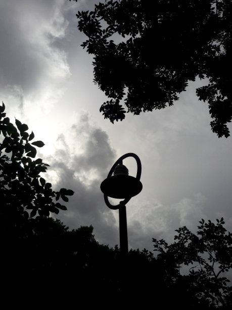 雨后的阴天，公园的路灯亮了起来图片下载