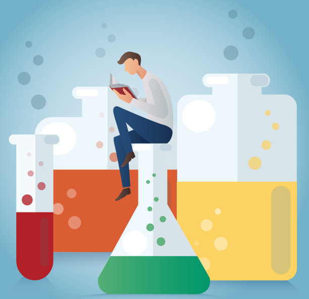 那个坐在玻璃器皿上看书的人在做化学矢量插图图片下载