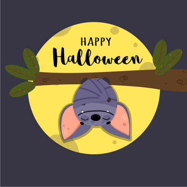 可爱的蝙蝠晚上在月光下倒挂在树上睡觉。矢量插图在卡通风格铭文万圣节快乐。快乐的飞鼠节日设计。图片下载