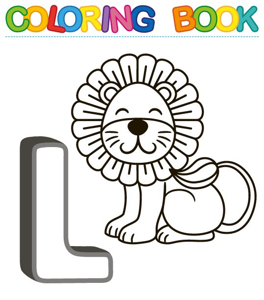 矢量填色书字母大写的英文和可爱的卡通动物和东西。幼儿园和学前班涂色页。英语学习卡片。字母L.狮子图片下载