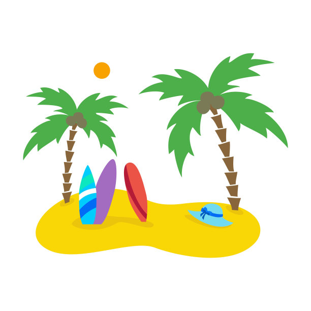 夏日海景，棕榈树和冲浪板。图片下载