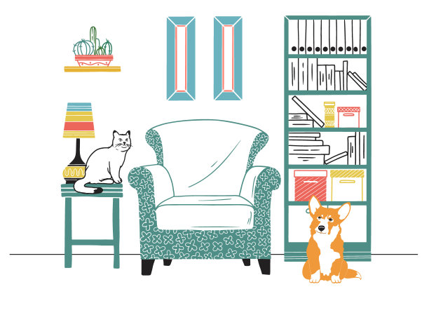 北欧风格的室内。家具和各种室内物品。狗坐在地板上，猫坐在桌子上。图片下载