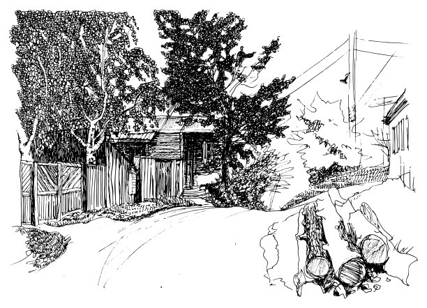 这是切尔尼维夫的诺夫哥罗德·西沃斯基市的一个小镇，街道上有古老的木屋、谷仓和折叠的原木，还有乌克兰风格的古建筑。墨水和钢笔涂鸦，黑白插图的书图片下载