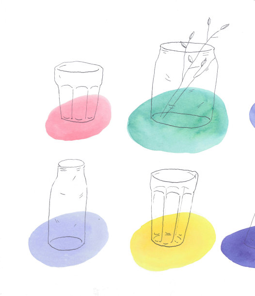 可爱可爱的极简主义夏季插图，各种各样的茶，咖啡杯，花瓶，花盆，杯子与树枝或多肉植物在水中。时髦的水彩圆珠笔，用于贺卡、咖啡店、菜单、商品、社交媒体、夏日派对邀请函图片下载