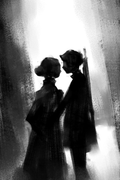 数码艺术画浪漫的情侣接吻，丙烯在画布上纹理图片下载