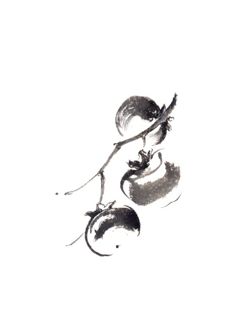 三柿子日式原画sumi-e水墨画。图片下载