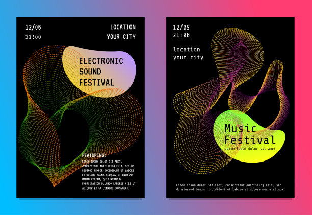电子音乐节派对海报设置彩色抽象梯度线和液体形状。未来的电子声音联欢俱乐部传单封面设计。矢量DJ广告插画图片下载