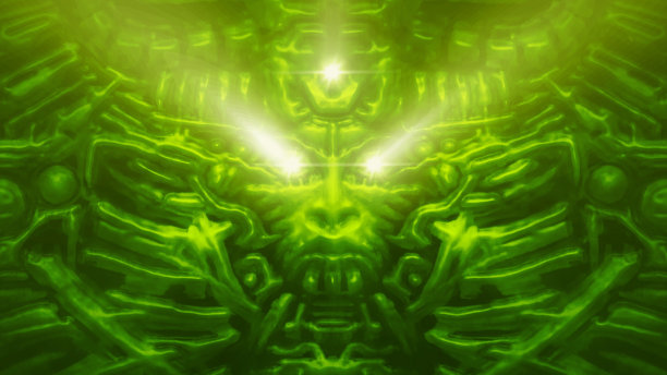 电脑怪物，浅浮雕和突出的女人机器人头。绿色背景。图片下载