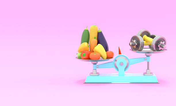 新鲜蔬菜和不同规模的哑铃。带空白文本的概念性插图。三维渲染图片下载