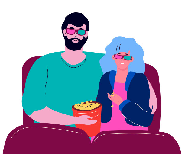 情侣影院-现代彩色平面设计风格插画图片下载