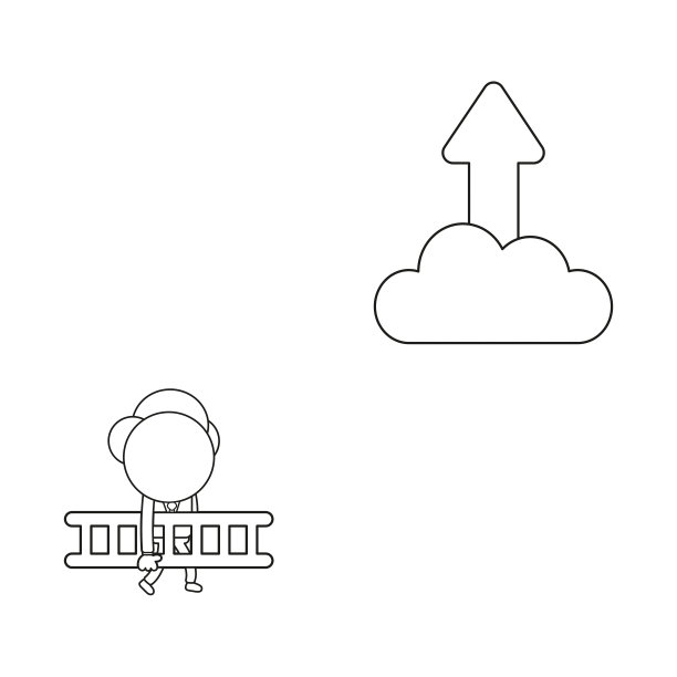 矢量插图的商人人物扛着梯子和箭头上云。黑色的轮廓。图片下载