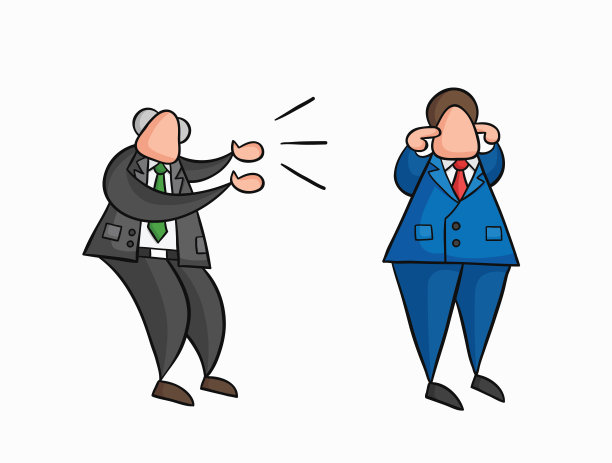 手绘矢量愤怒的老板对商人工人大喊大叫，他是关闭他的耳朵图片下载