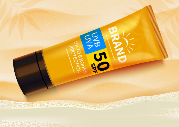 防晒广告模板，防晒化妆品设计用保湿霜或液体。海滩的背景。图片下载