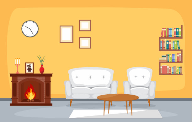 壁炉客厅家庭住宅室内家具矢量插图图片下载