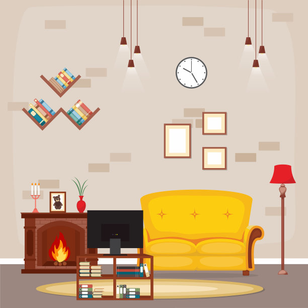 壁炉客厅家庭住宅室内家具矢量插图图片下载