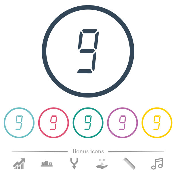 数字数字九的七段类型的平面颜色图标在圆形轮廓图片下载