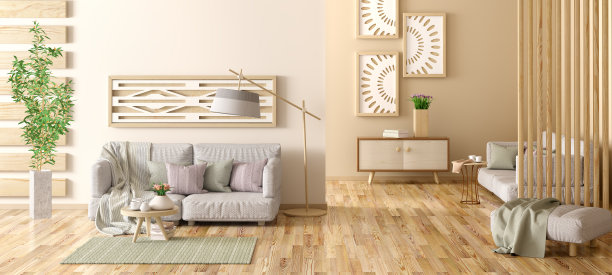 现代客厅室内设计采用灰色沙发、木镶板、3d效果图图片下载