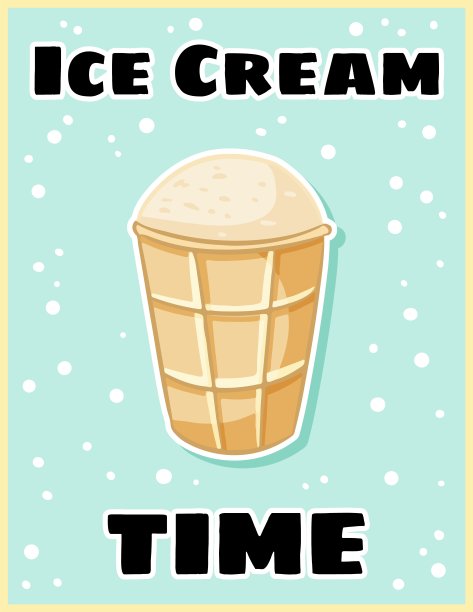 冰淇淋时间可爱的卡通明信片。创造性的，浪漫的，鼓舞人心的名言。时尚的印刷夏季传单图片下载