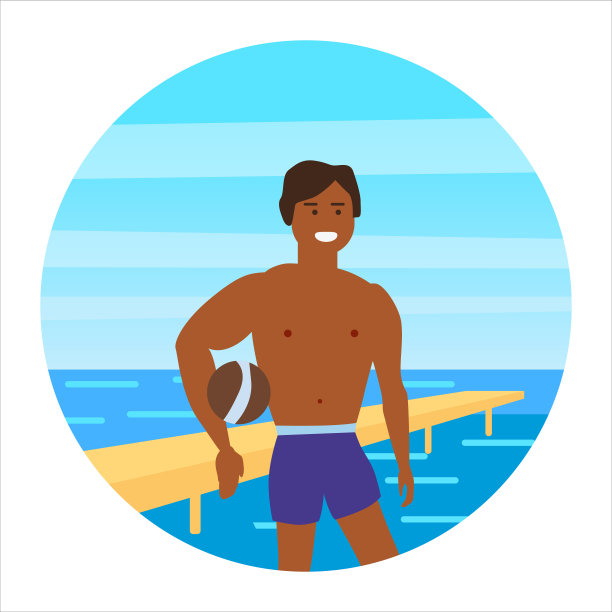 海洋夏季男子沙滩排球活动图标，度假旅行海滩冲浪，棕榈树，植物，日光浴扁平卡通矢量插画图片下载
