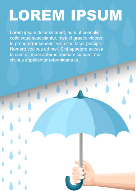 雨天手撑蓝伞。水滴，小雨。平面矢量插图在白色背景。发短信的地方。广告传单或贺卡设计图片下载