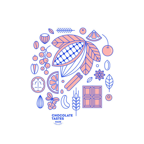 巧克力原料收集。平的风格。可可，巧克力和浆果的图标。图片下载