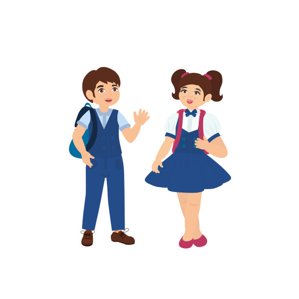 穿着蓝色校服的可爱男孩和女孩。图片下载