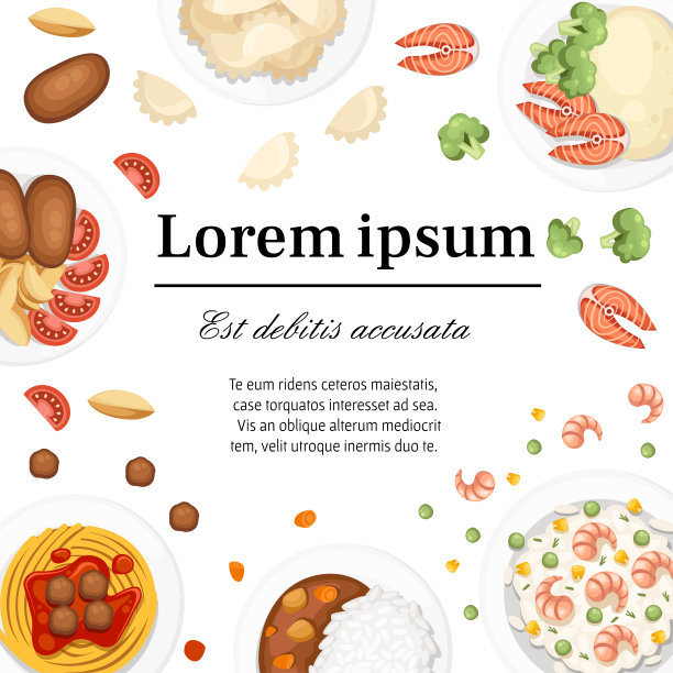 盘子里有不同的菜。来自世界各地的传统食物。平面矢量插图上的白色背景。文本。广告传单或贺卡设计图片下载