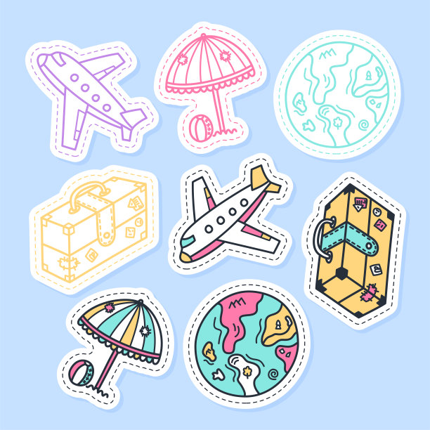 一套旅行贴纸，别针，补丁和手写收集卡通风格。有趣的问候衣服，卡片，徽章，图标，明信片，横幅，标签，贴纸，打印图片下载