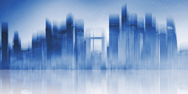 在城市的未来主义现代建筑与反射的混凝土地板。摘要城市背景图片下载