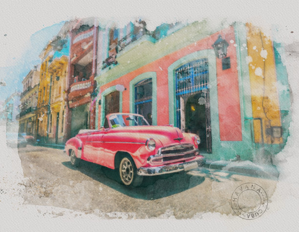 古巴老爷车在哈瓦那老城中心画水彩画图片下载