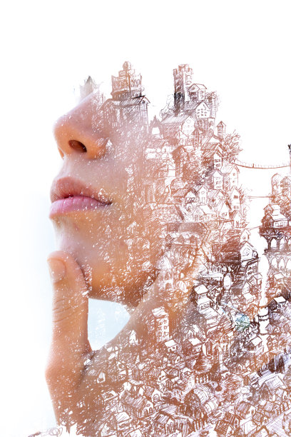 Paintography。双曝光肖像美丽的女人的侧面结合手绘城市素描无数的建筑在悬崖和一座桥图片下载