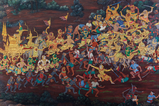 金色的老壁画是罗摩基安的故事，一般在泰国，任何装饰在佛教教堂，寺庙亭，寺庙大厅，和尚的房子等各种艺术由人们捐赠的钱雇佣艺术家。它们是公共领域或宝藏图片下载