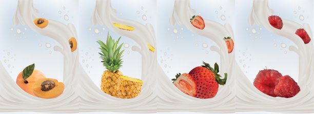 逼真的水果草莓，杏，菠萝，覆盆子与牛奶飞溅近距离。3 d矢量插图。集牛奶溅和水果。美丽的插图。水果酸奶。图片下载