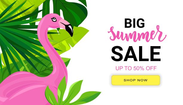 印有热带树叶和粉红色火烈鸟的夏季促销横幅。手字母文字。季节假期，周末，假日标志。非常适合卡片，小册子，传单，广告海报模板。图片下载