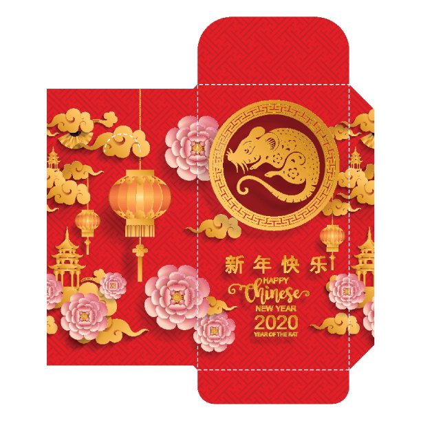 中国2020年的红包(9 x 17厘米)十二生肖与金纸剪纸艺术和工艺风格在红色的背景。(中文翻译:鼠年)图片下载