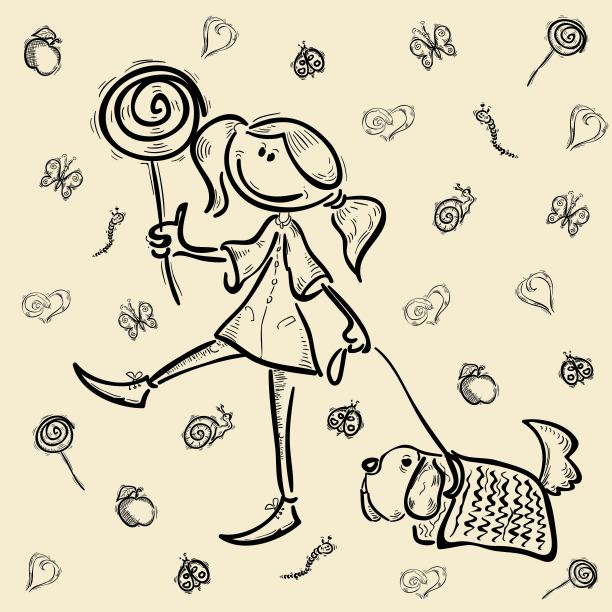 素描插图与卡通人物的女孩与狗图片下载