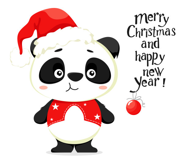 可爱的圣诞熊猫卡通风格与手写文字。矢量插图上的白色背景。图片下载