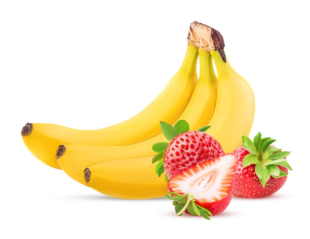 把香蕉和两个草莓切成两半图片下载