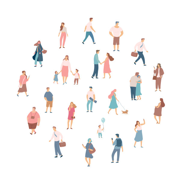 一大群人。男女平面向量集。户外。图片下载